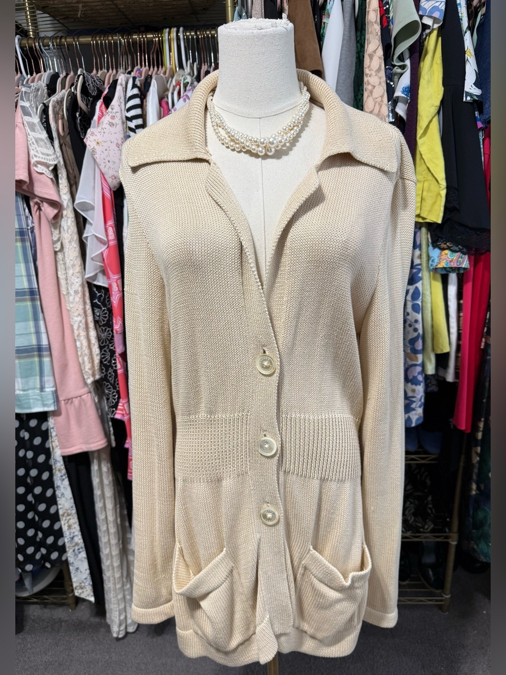 Lauren Ralph Lauren Cotton Collared Cardigan Sweater Tan Cream Size M